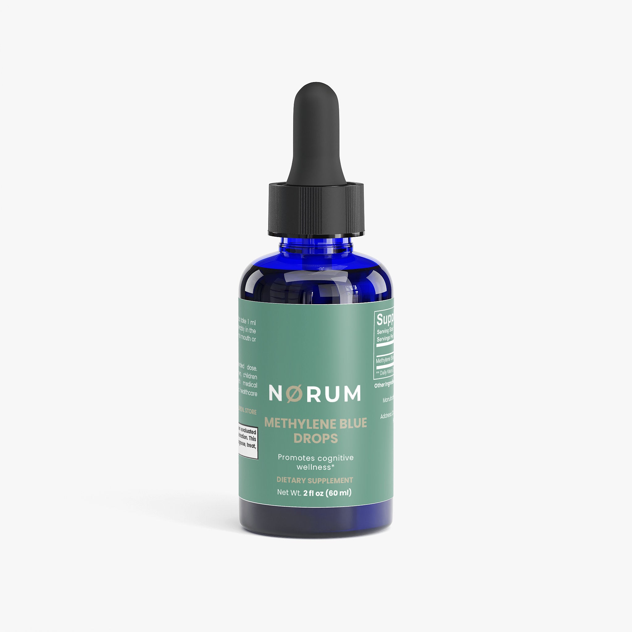 Blue bottle of methylene blue drops dietary supplement with dropper on white background