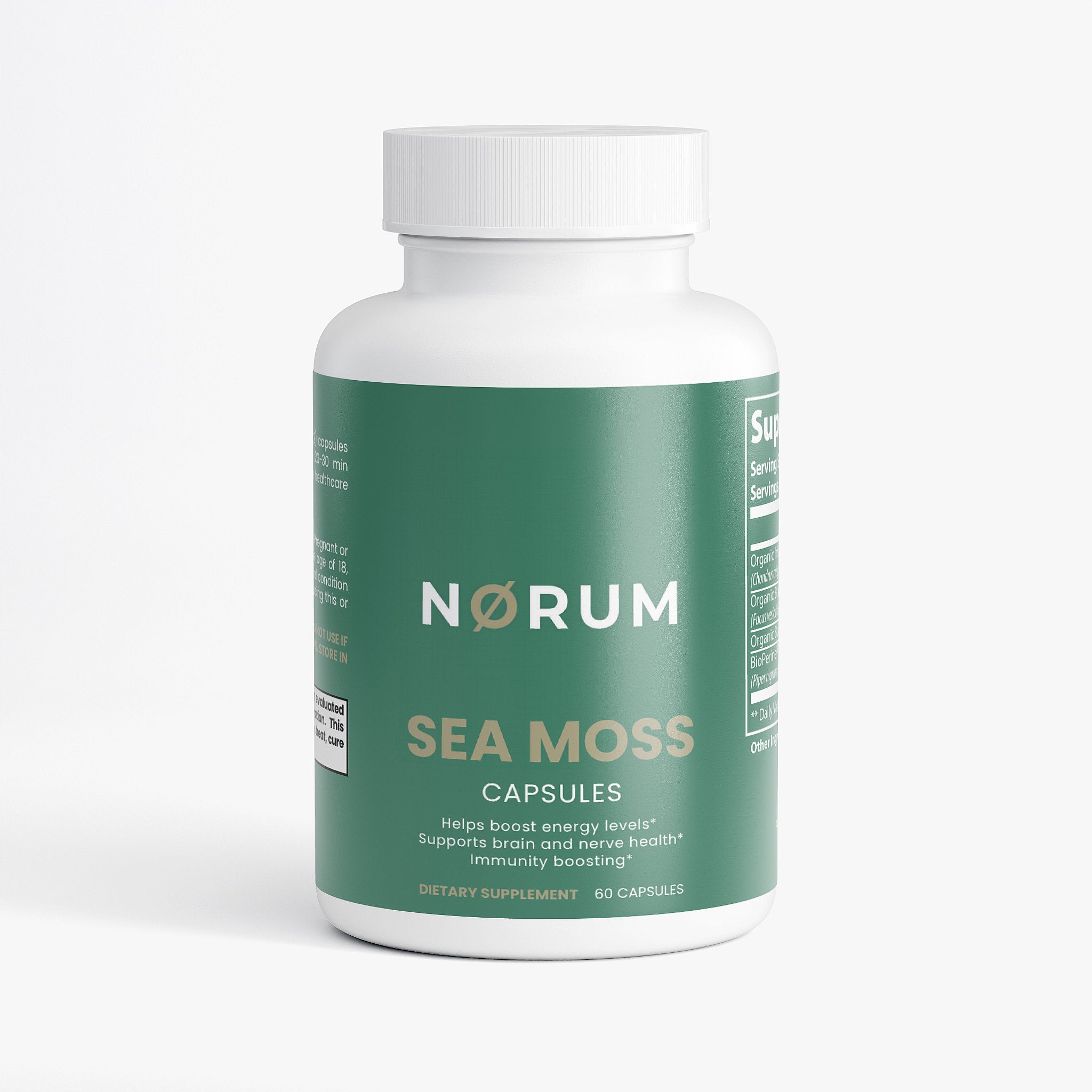 Green bottle of sea moss capsules dietary supplement with white lid, 60 capsules