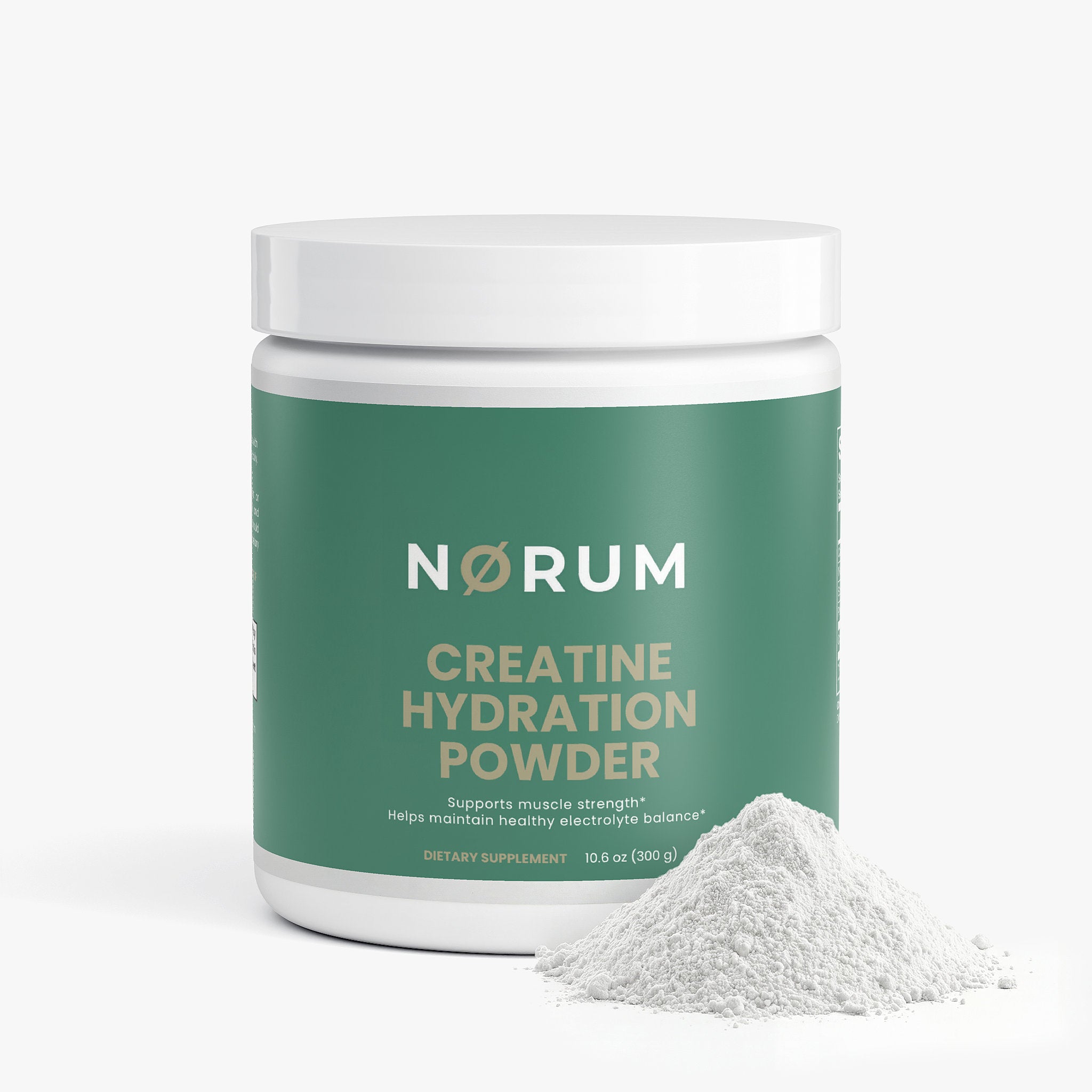 Creatine hydration powder supplement container and powder pile on white background