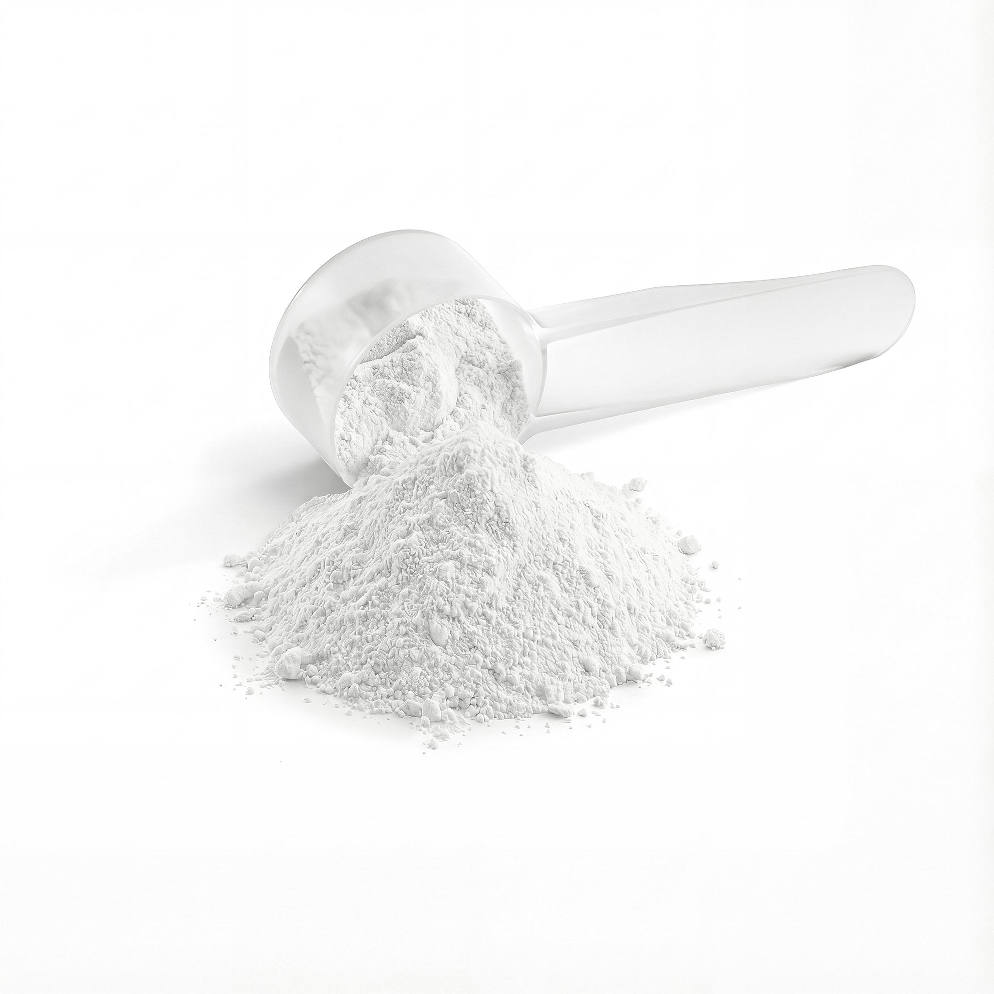 White supplement powder with clear scoop on a white background
