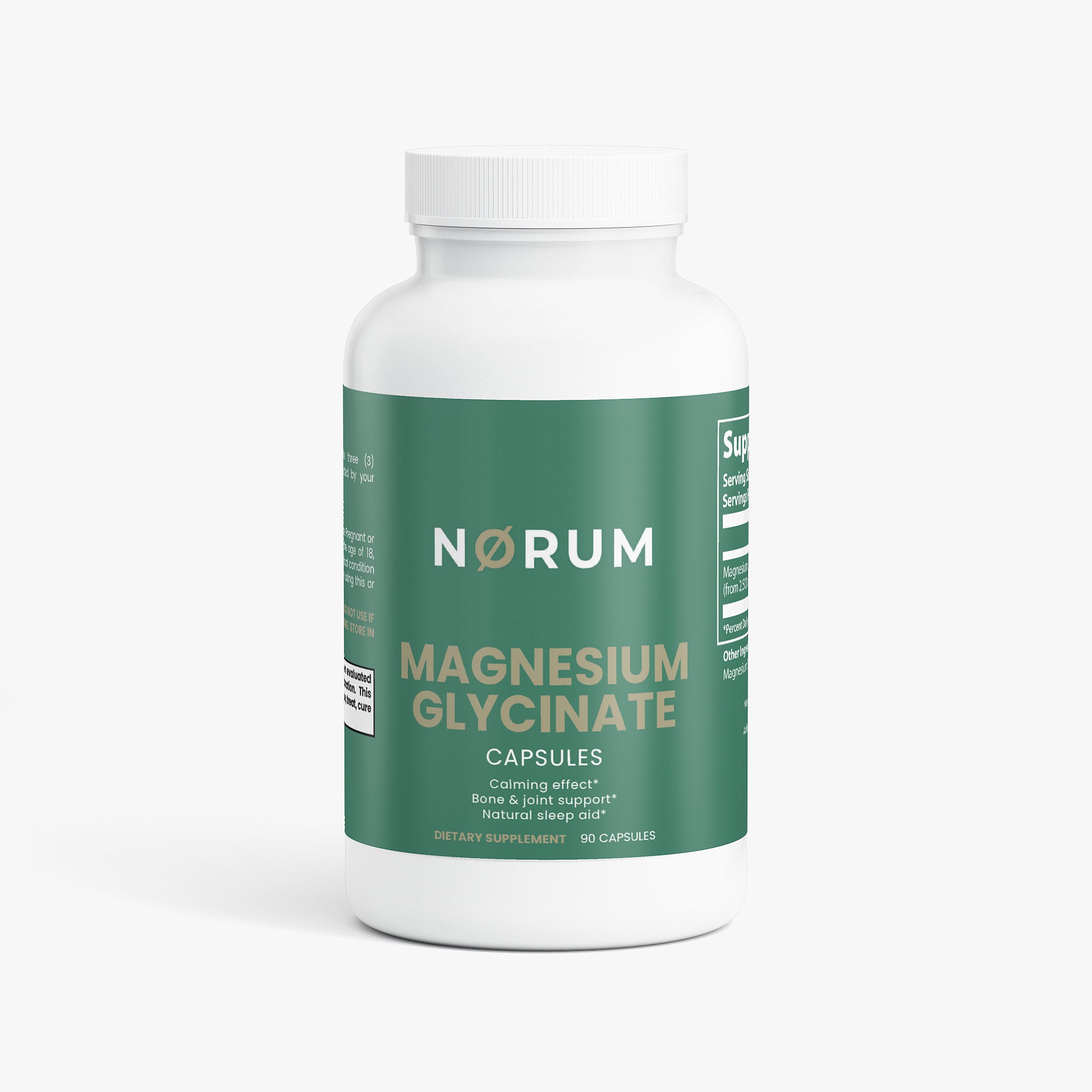 Bottle of magnesium glycinate capsules dietary supplement, green and white label, 90 count