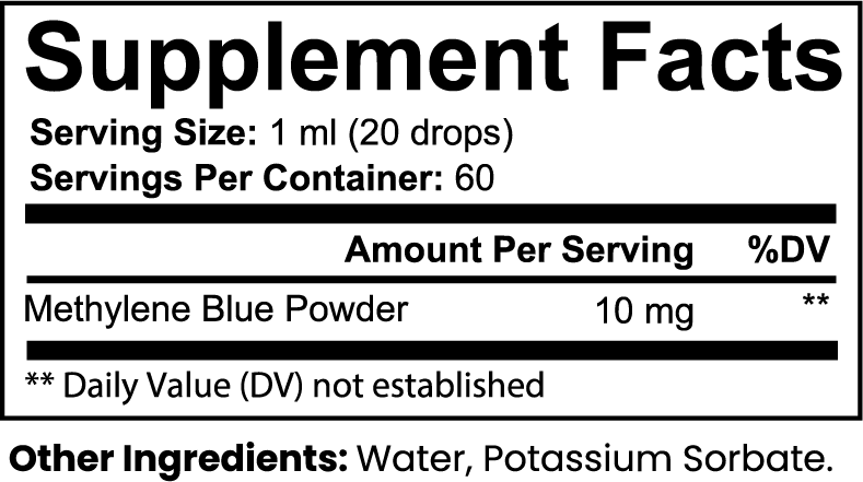 Methylene Blue Powder supplement facts label with serving size, ingredients, and dosage details.