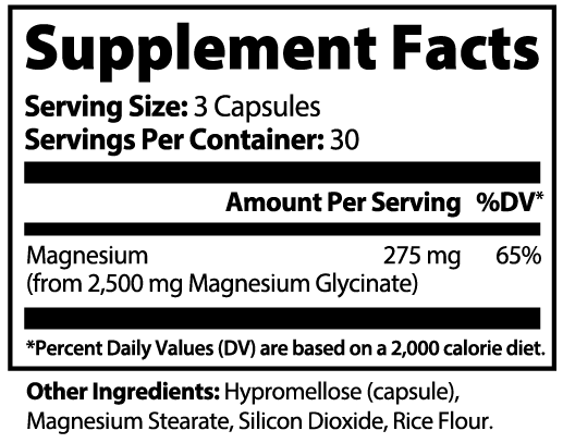 Supplement facts label for magnesium glycinate capsules, showing ingredients and dosage.