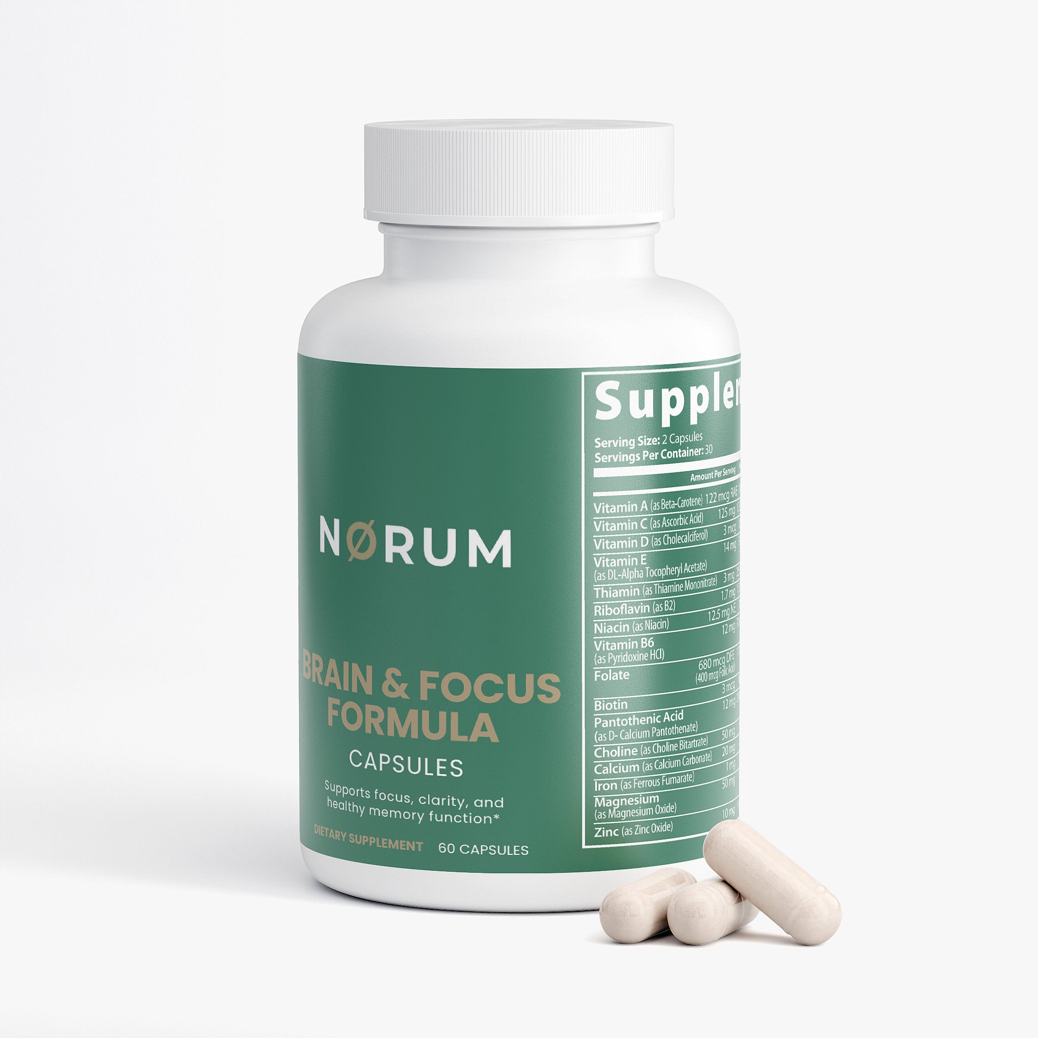 Brain and focus formula supplement bottle with capsules on white background