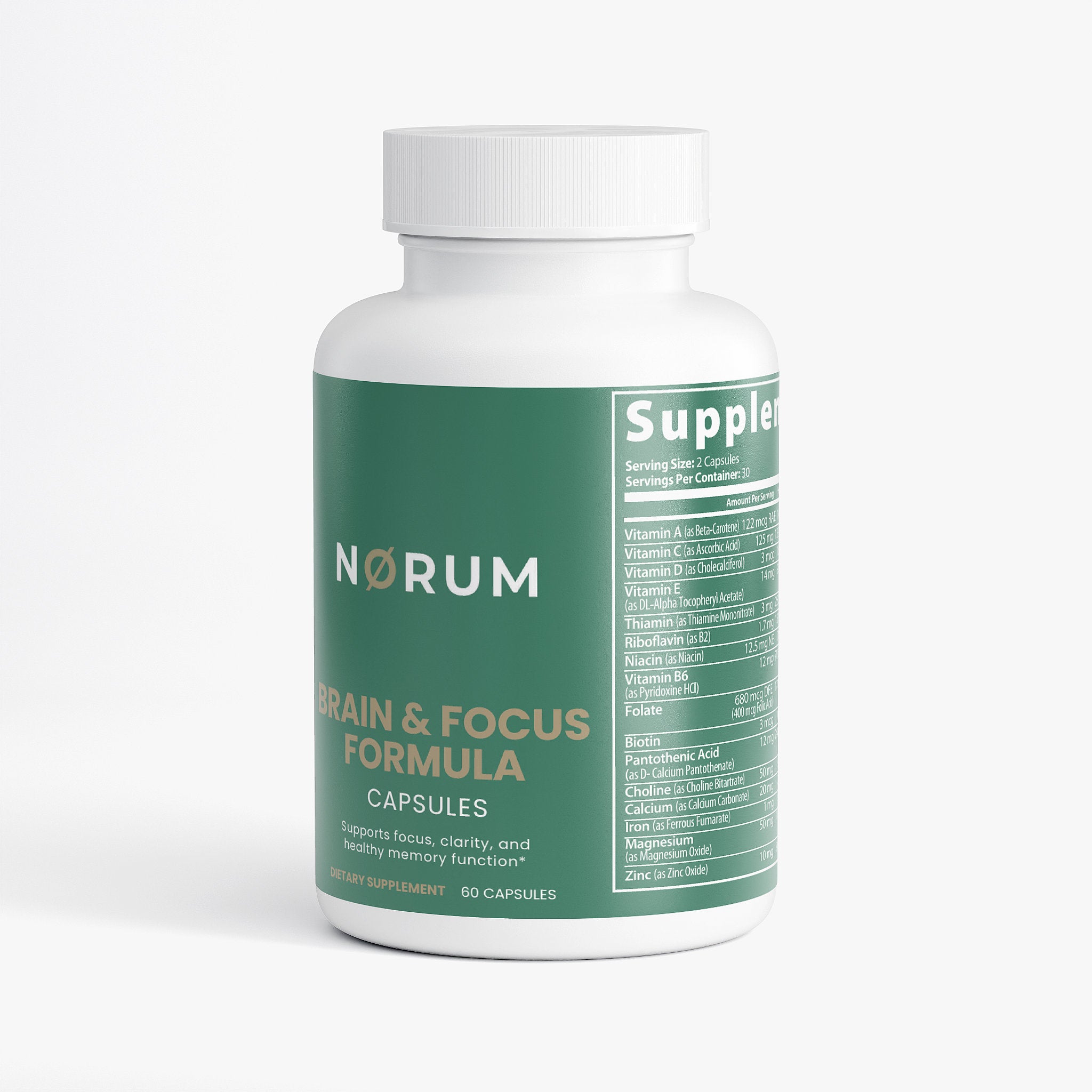 Brain and focus formula dietary supplement bottle, 60 capsules, for mental clarity