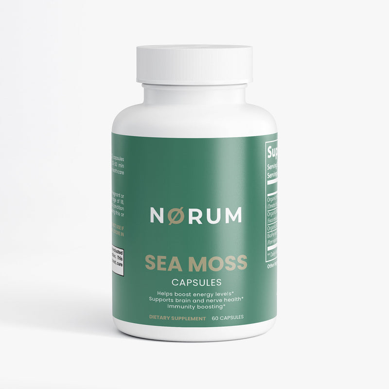 Green bottle of sea moss capsules dietary supplement with white lid, 60 capsules