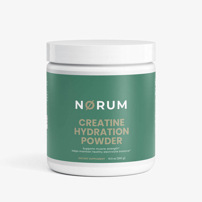 Creatine hydration powder supplement jar with green label and white lid