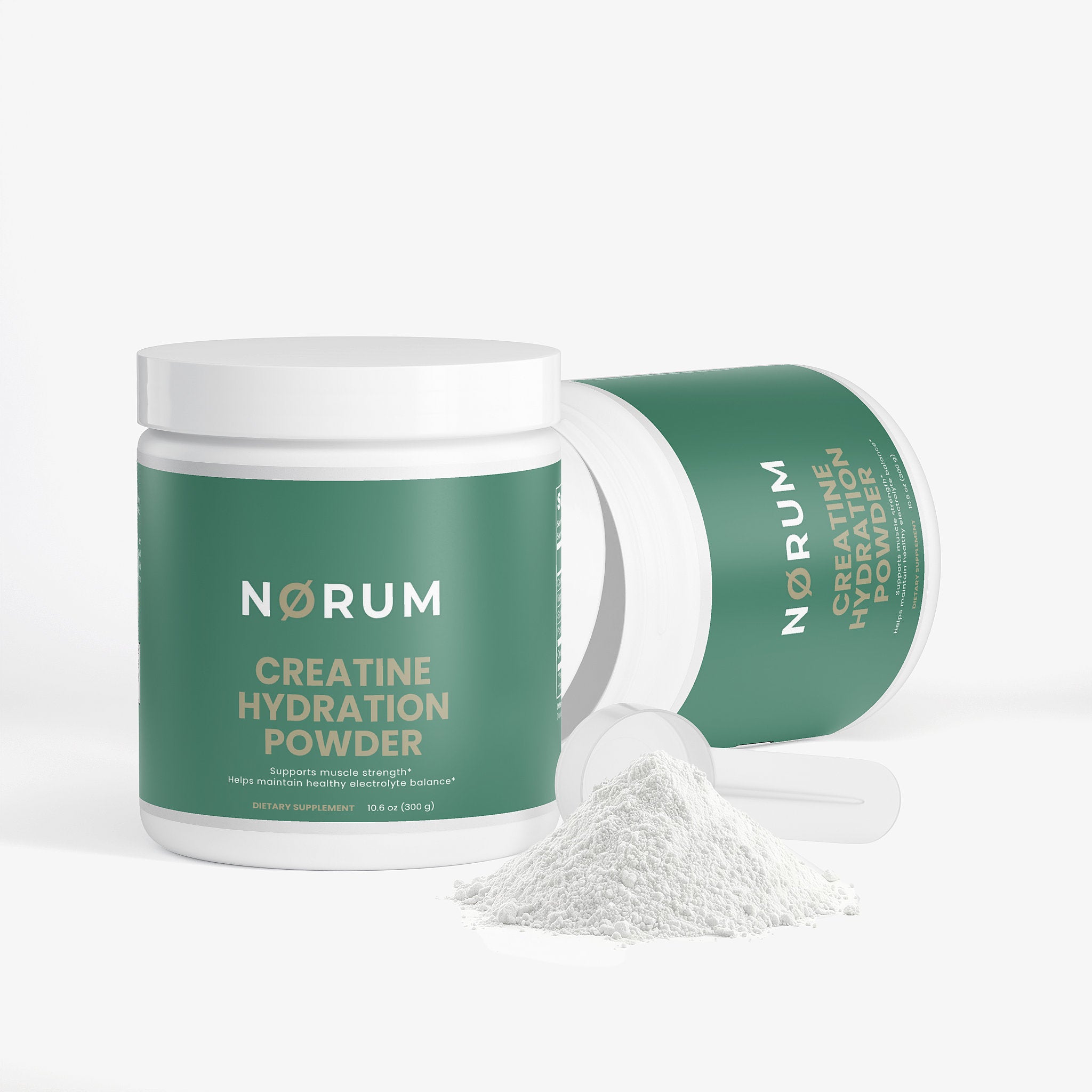 Creatine hydration powder supplement containers with scoop and powder on white background