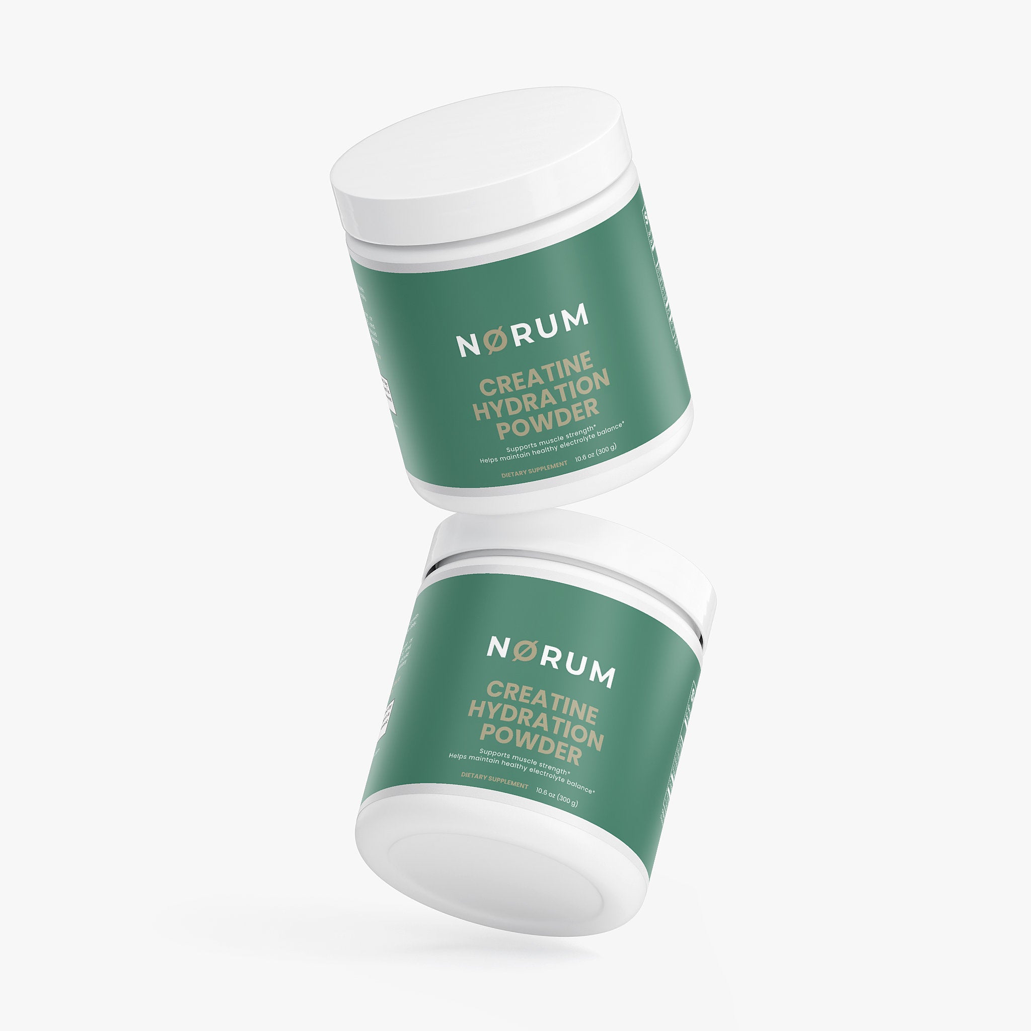 Two jars of creatine hydration powder supplement with green labels on white background