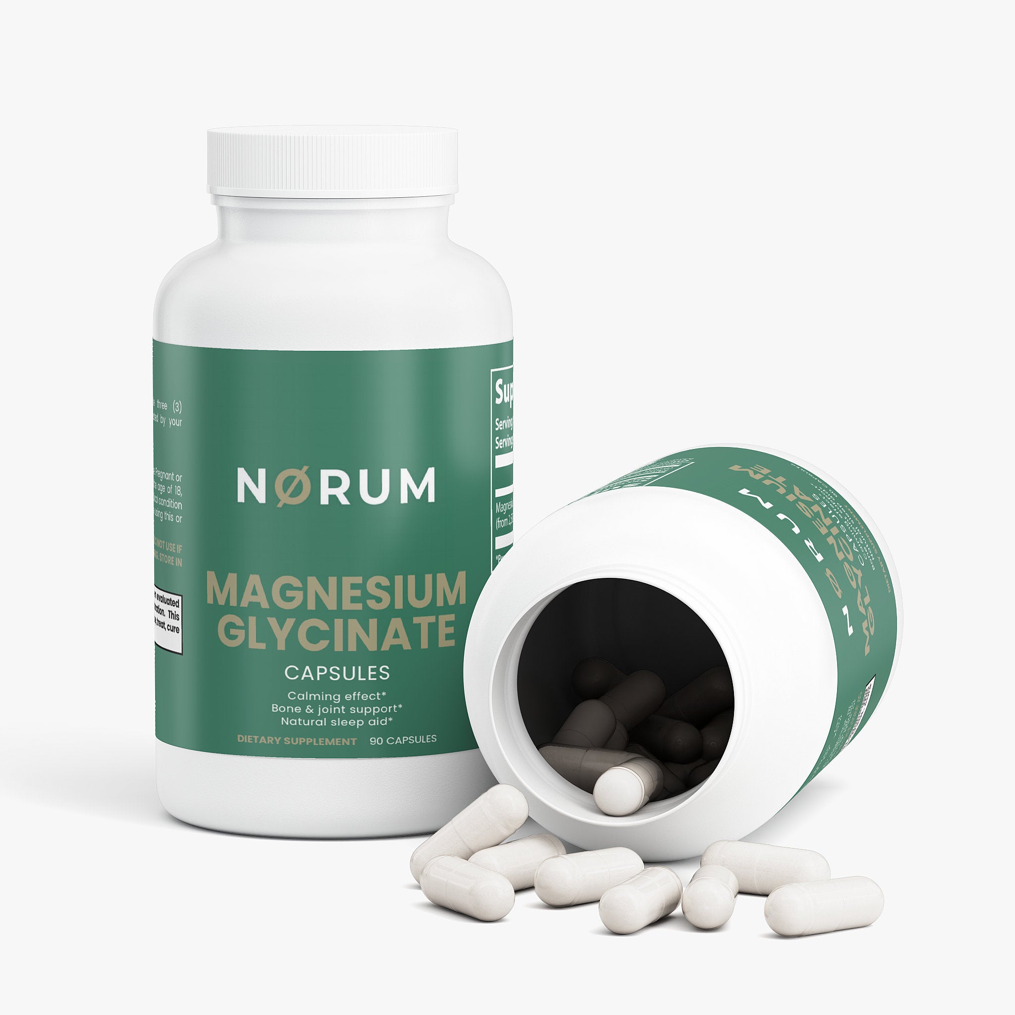 Magnesium glycinate capsules in green bottles, one upright, one open with pills spilling out.