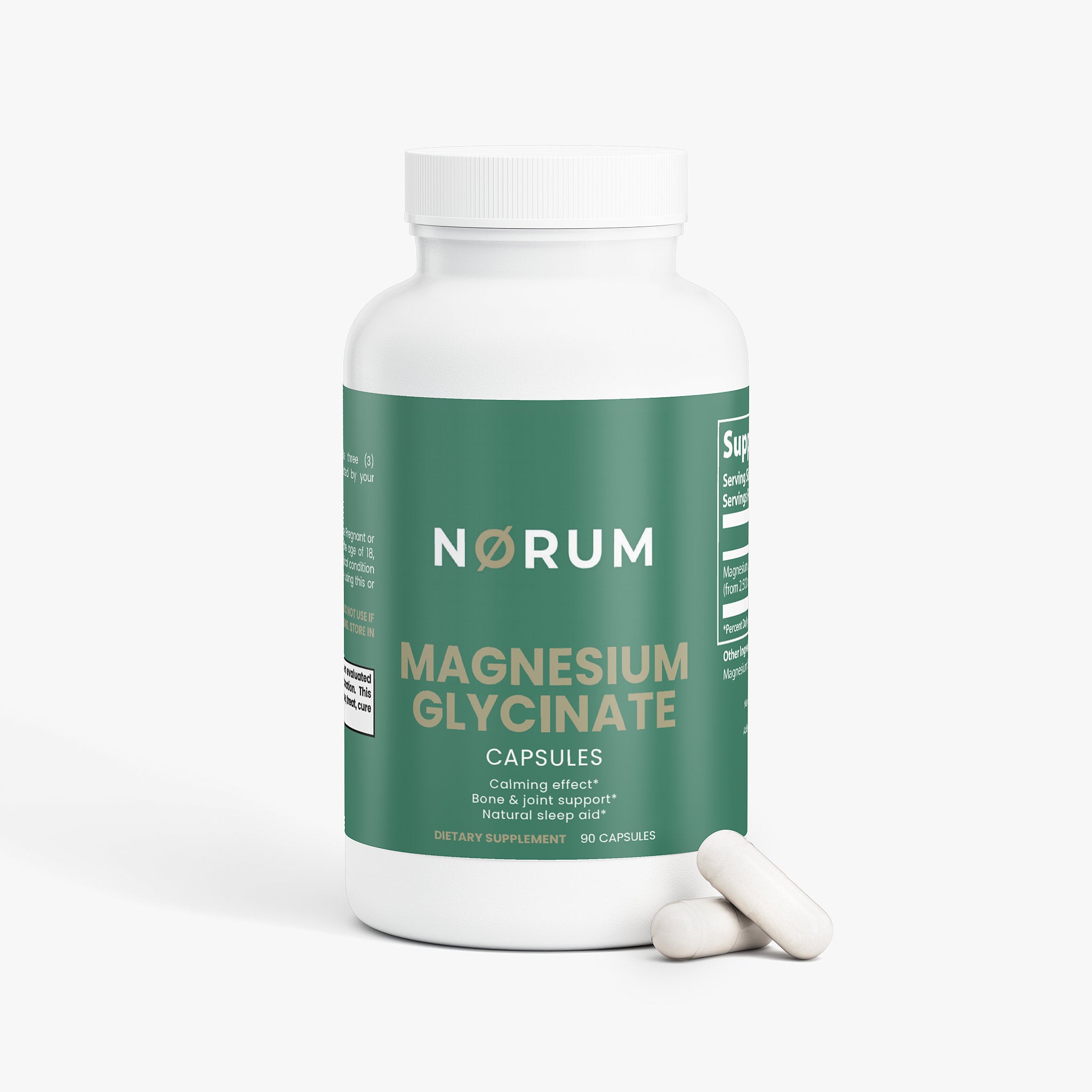 Magnesium glycinate supplement bottle with capsules, green label, white background