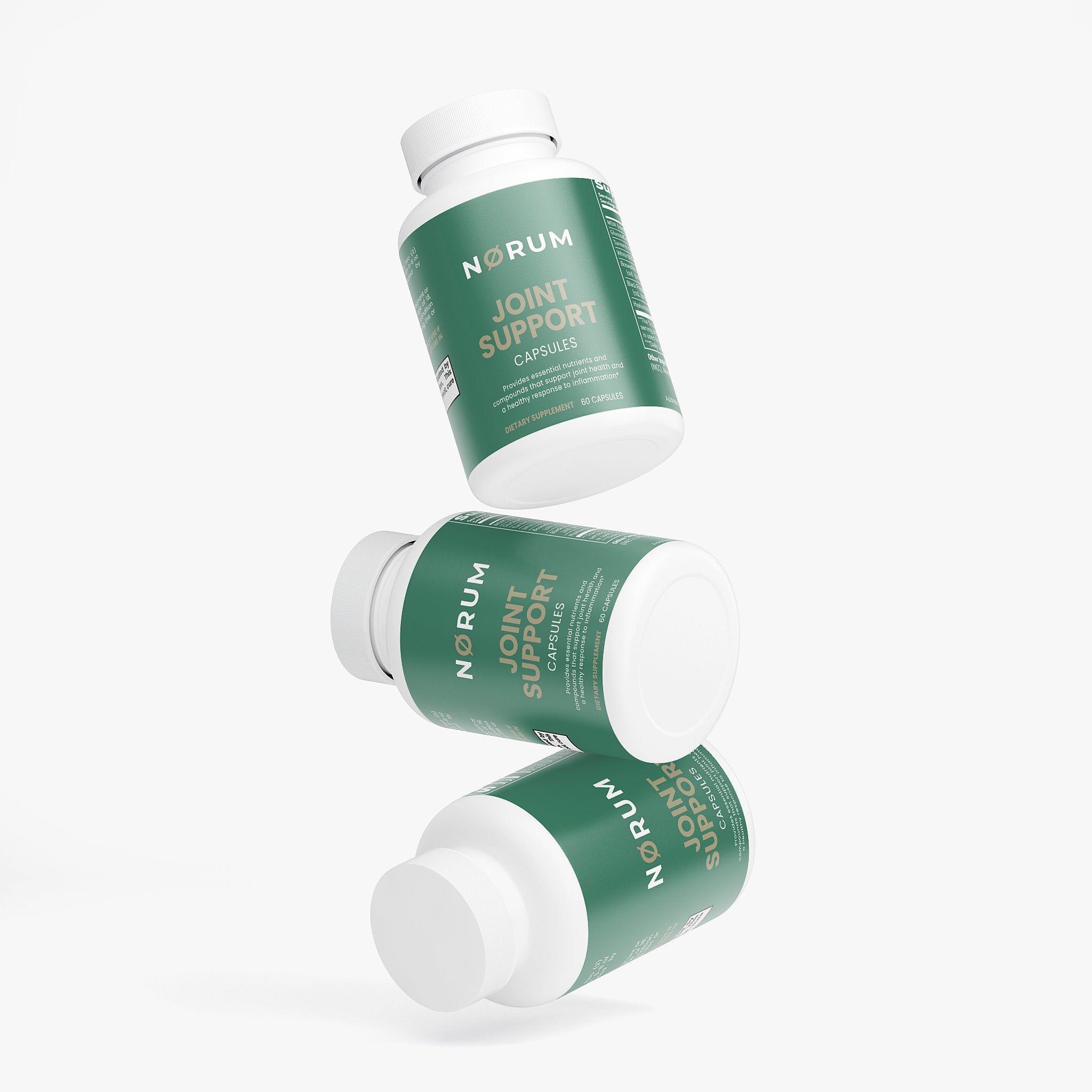 Three green bottles of joint support capsules for daily supplement on white background.