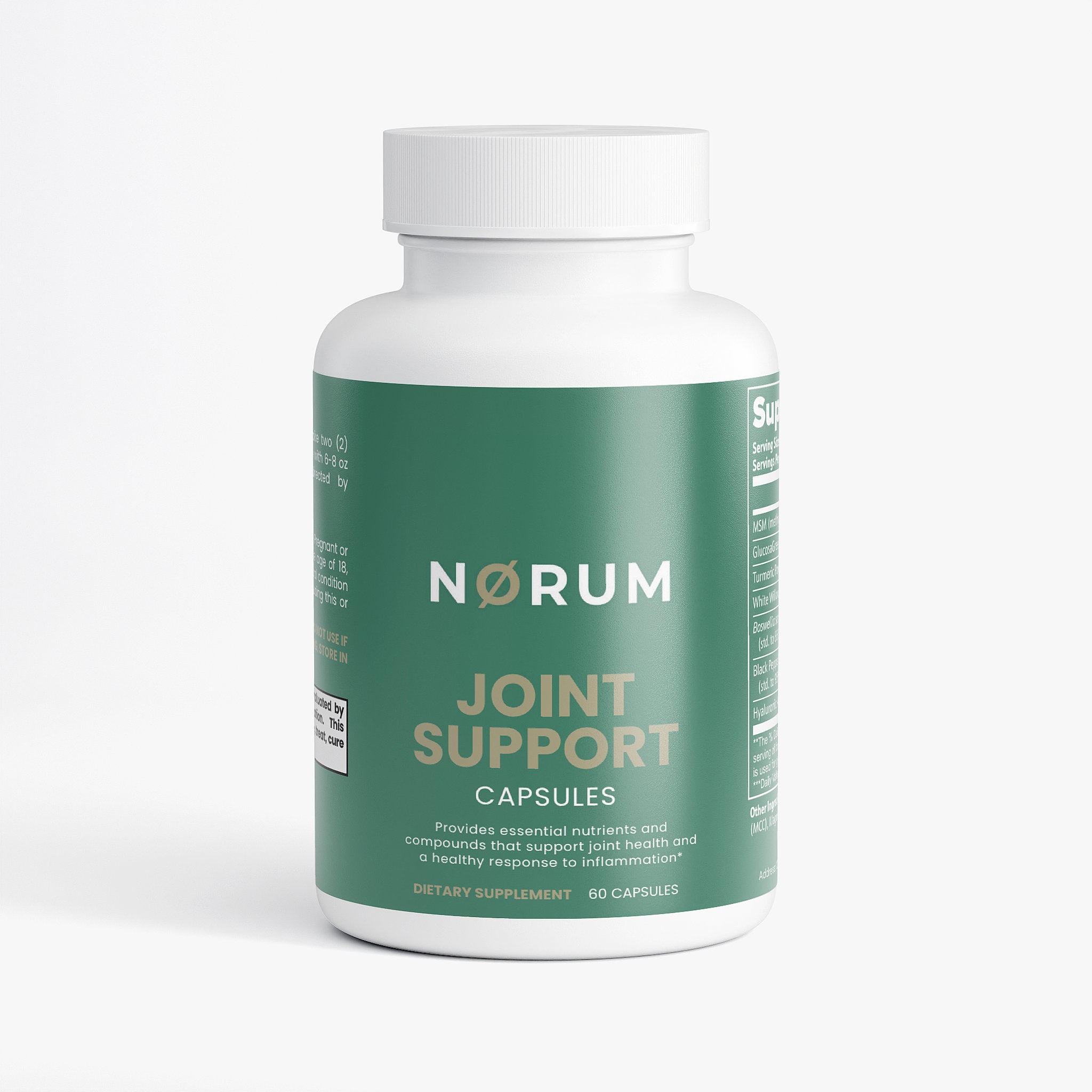 Joint support capsules bottle with green label and white cap, 60 dietary supplement capsules