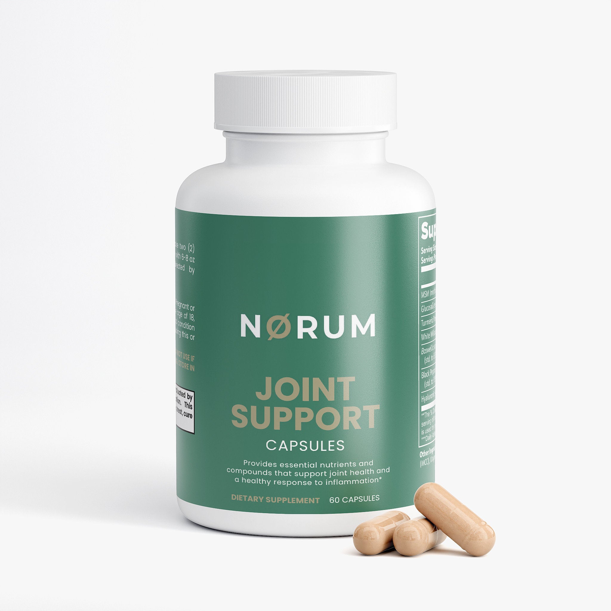 Joint support dietary supplement bottle with green label and capsules on white background