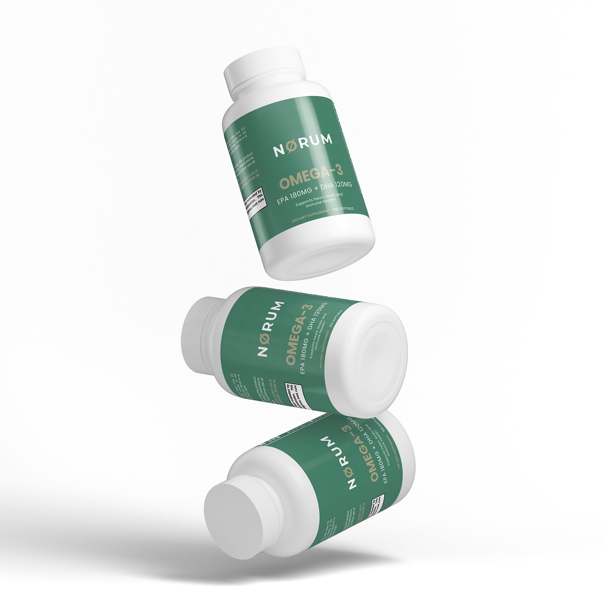 Three green and white Omega-3 supplement bottles with floating effect on a white background