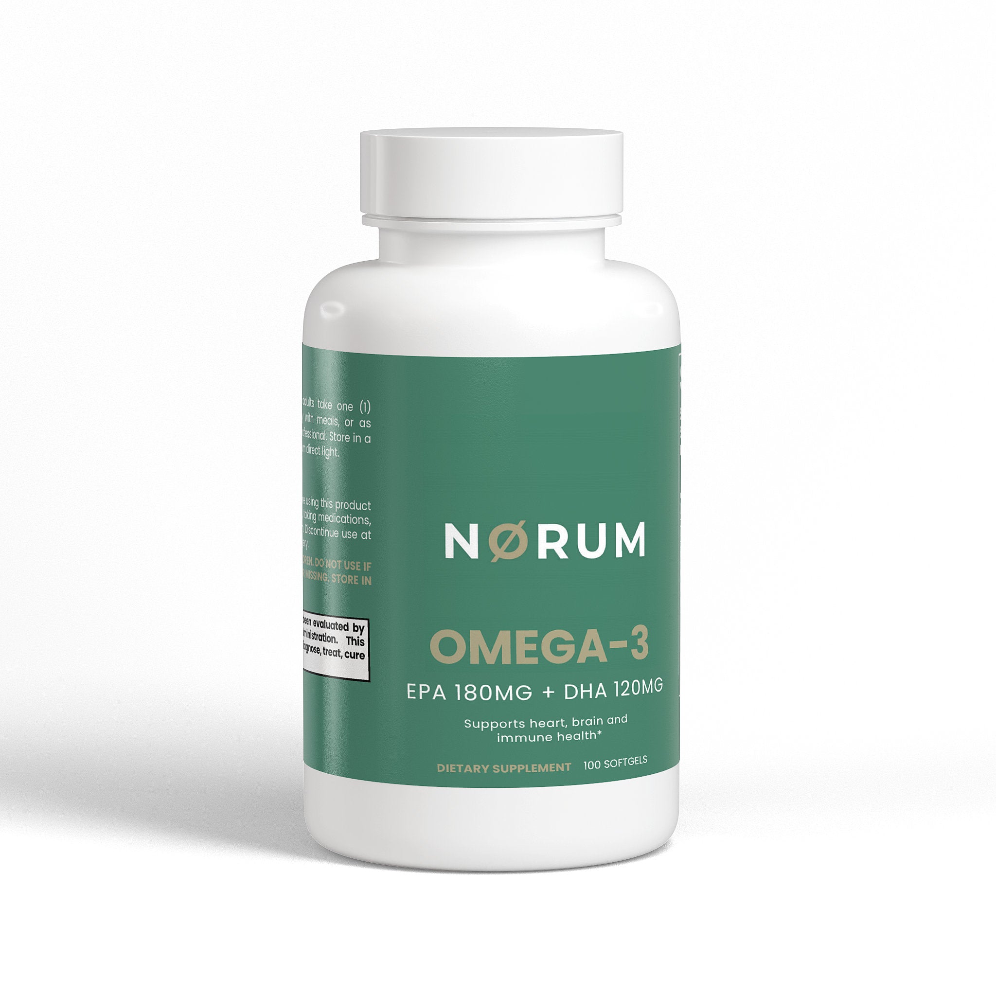 Omega-3 dietary supplement bottle with green label, EPA 180mg DHA 120mg, 100 softgels