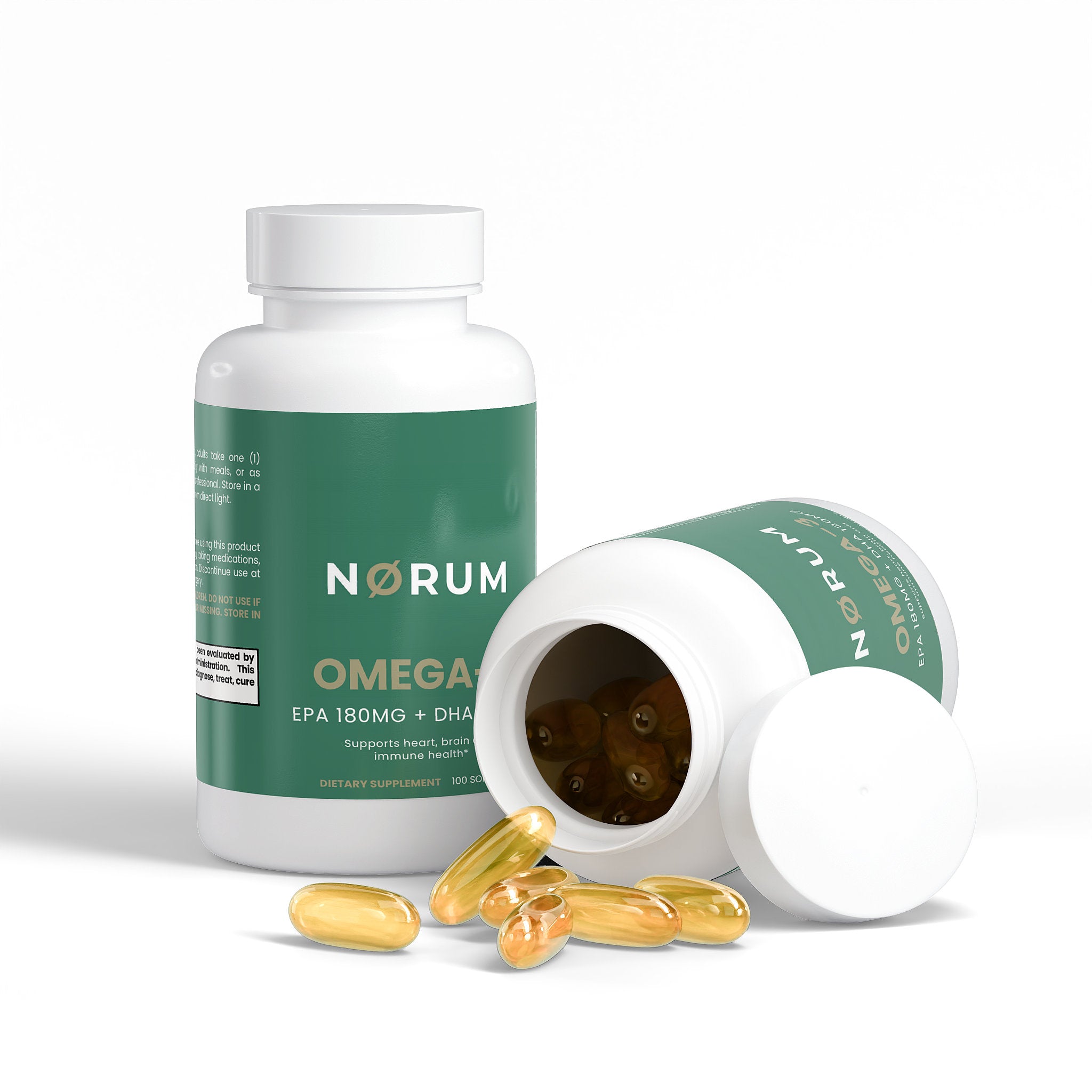 Omega-3 supplement bottles with softgel capsules on white background