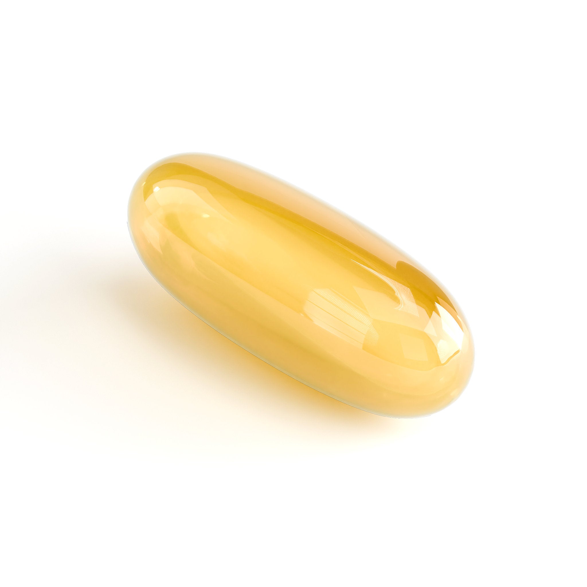 Yellow translucent supplement softgel capsule on a white background