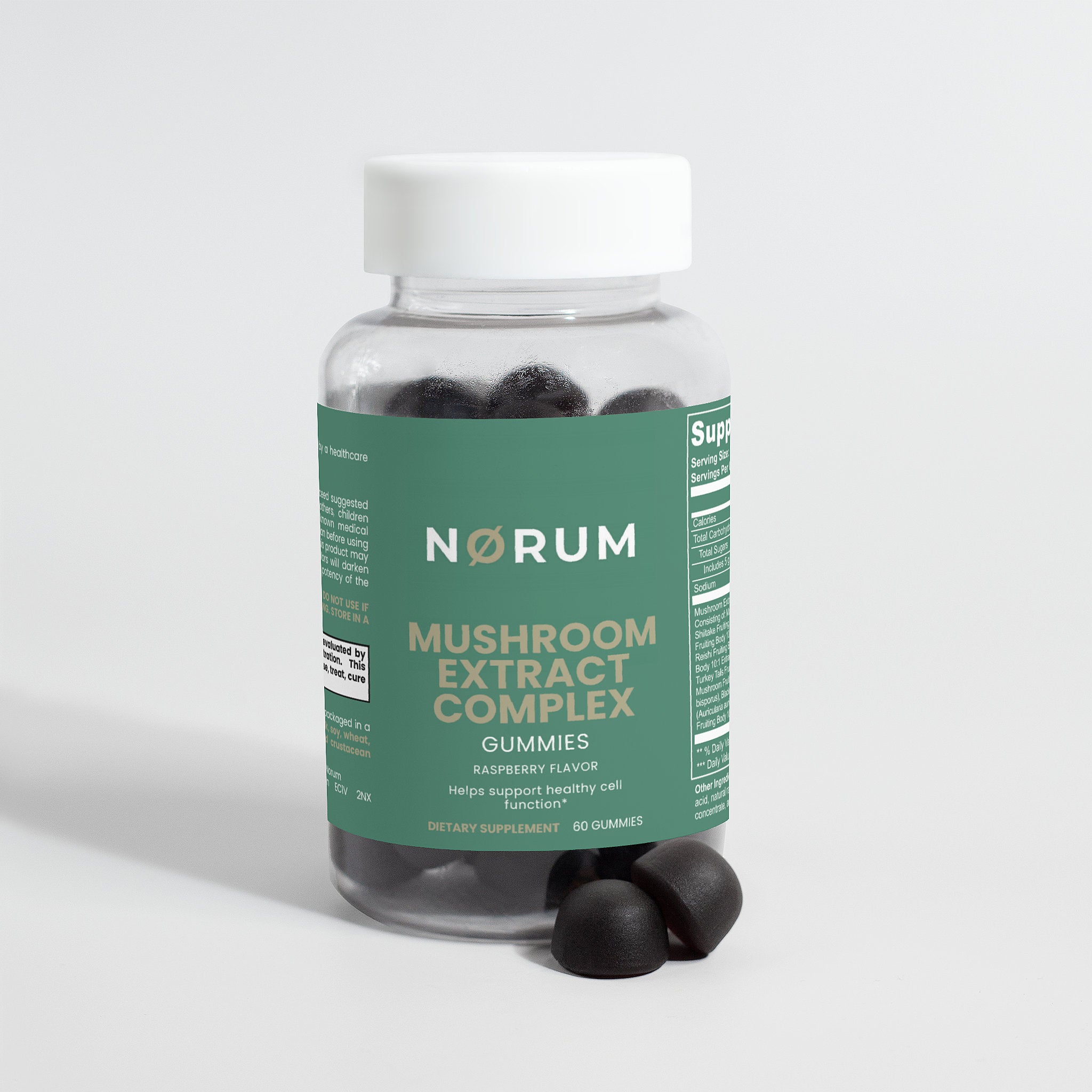 Mushroom extract complex supplement gummies in a clear bottle with green label on white background.