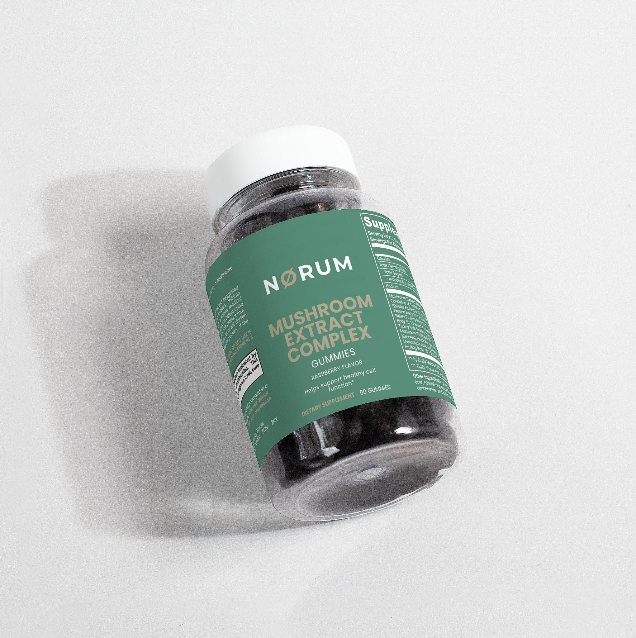 Mushroom extract complex gummies bottle with green label on white background
