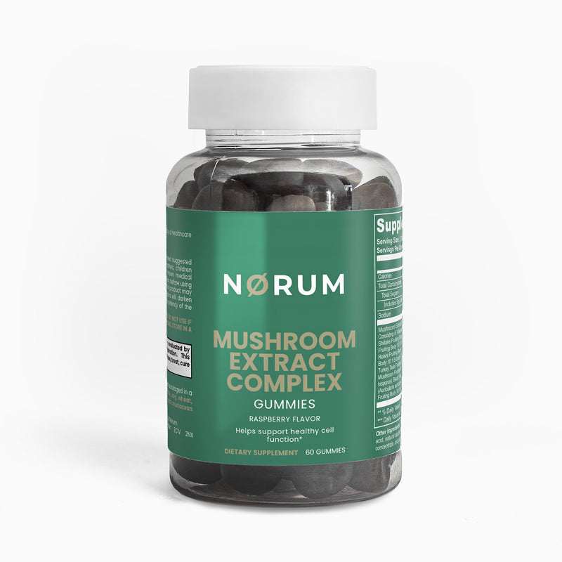 Mushroom extract complex gummies supplement bottle with green label, raspberry flavor, 60 count