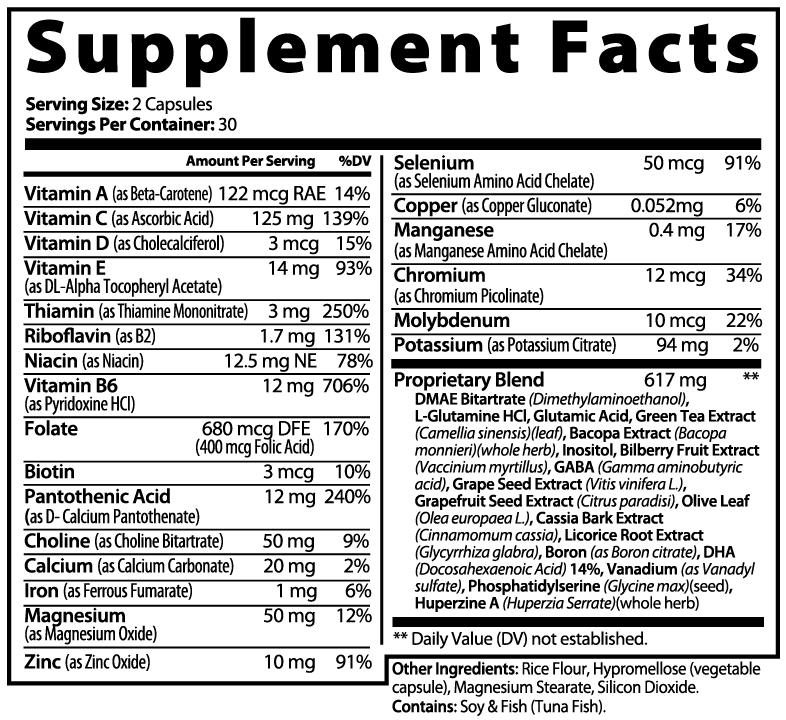Supplement facts label with vitamins, minerals, and proprietary blend details
