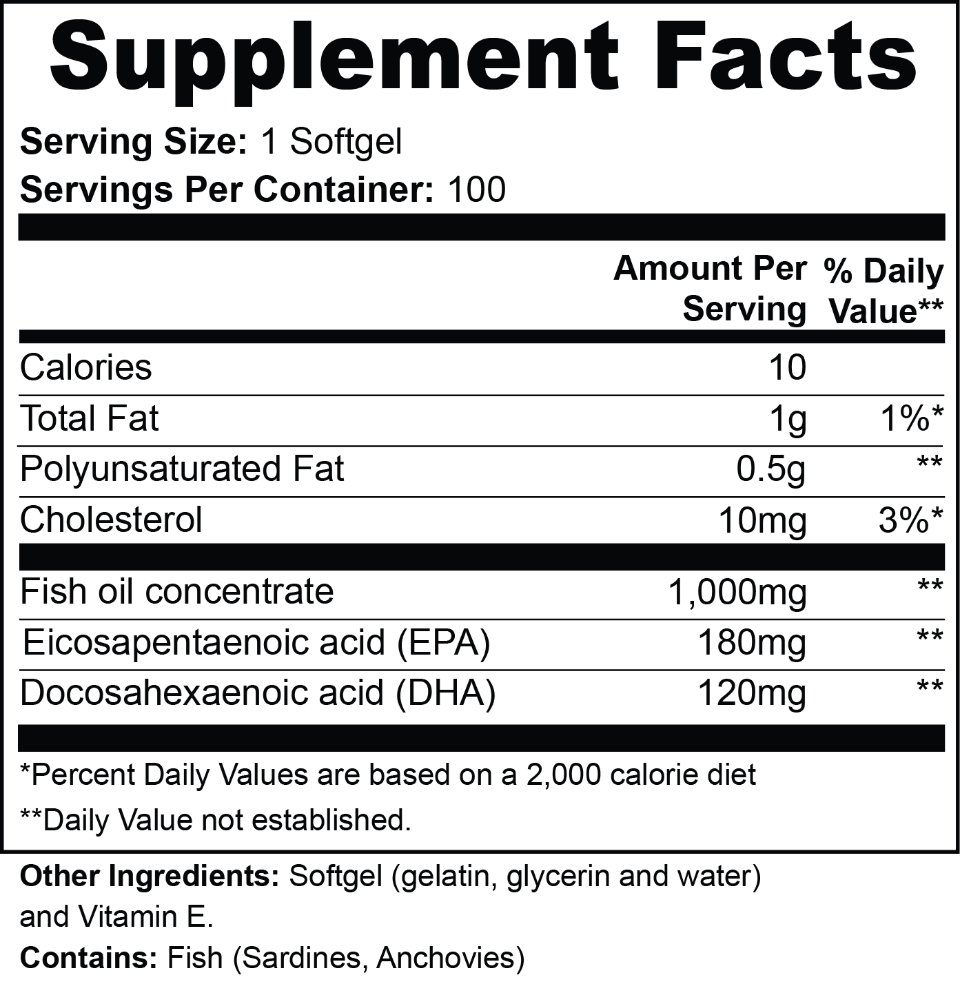 Fish oil supplement facts label with EPA, DHA, cholesterol, calories, and ingredients list.