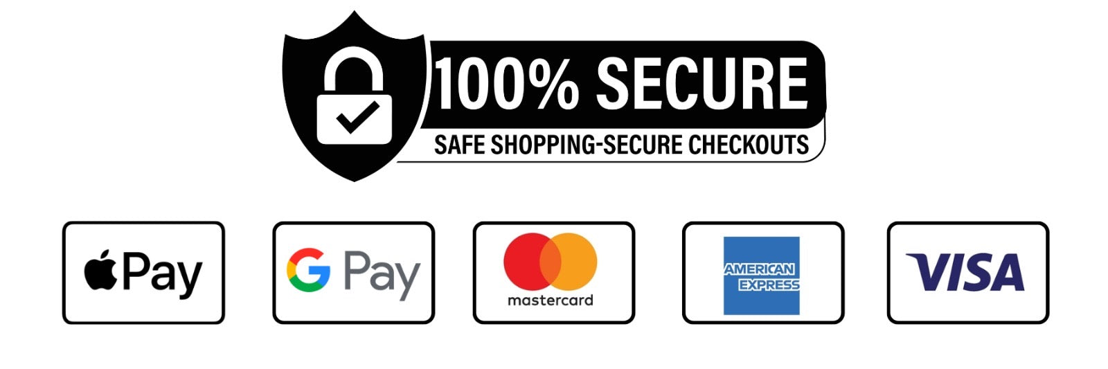 Secure checkout with Apple Pay, Google Pay, Mastercard, American Express, and Visa logos