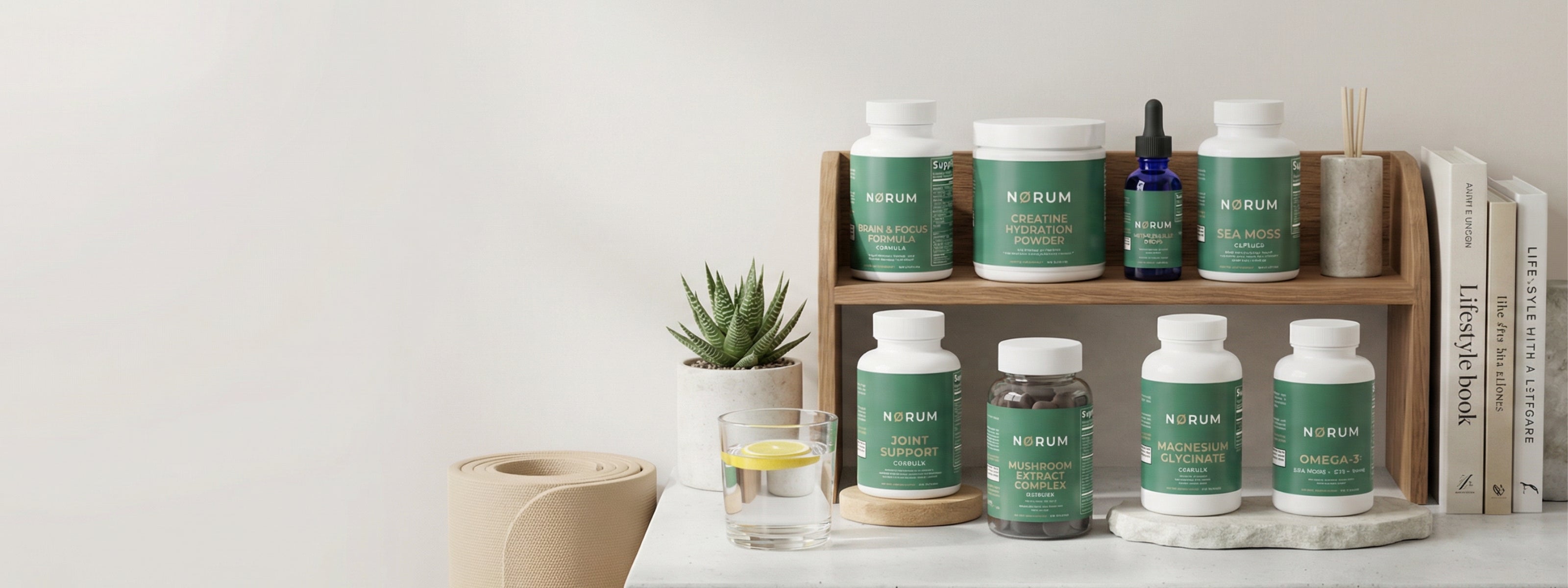 Green supplement bottles and dropper on wooden shelf with books, plant, yoga mat, and lemon water