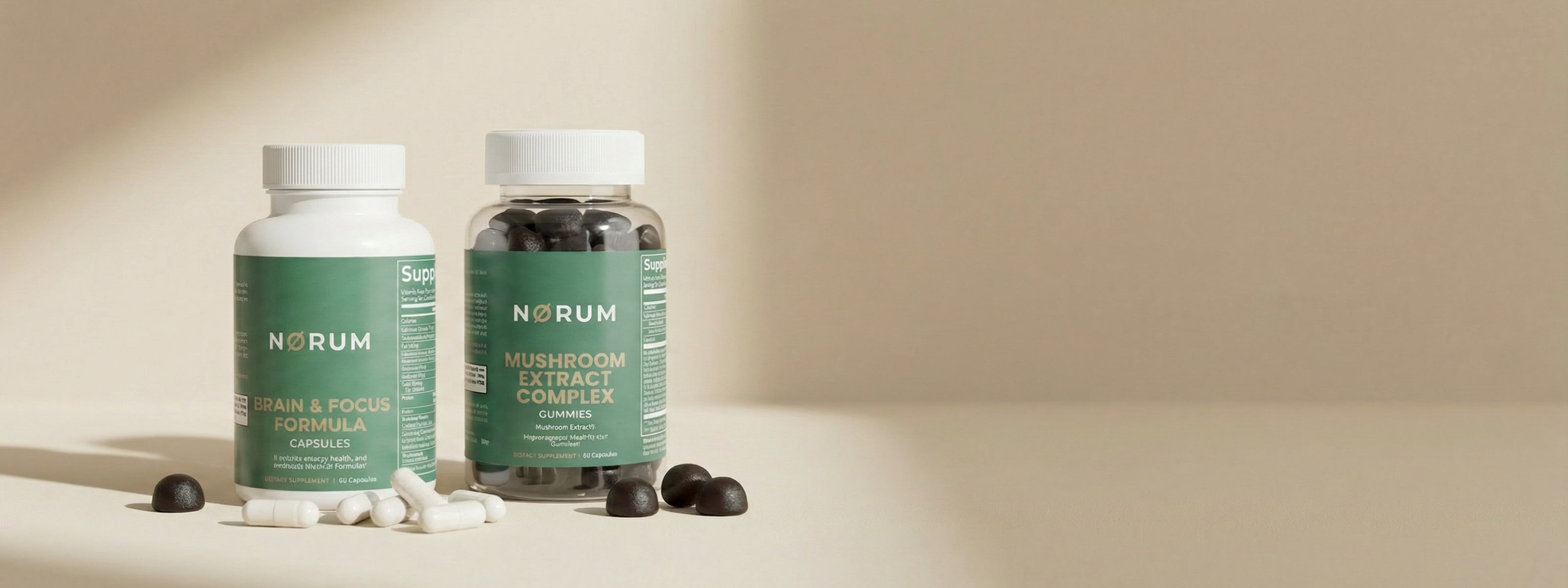 Brain and focus formula capsules and mushroom extract complex gummies bottles on neutral background